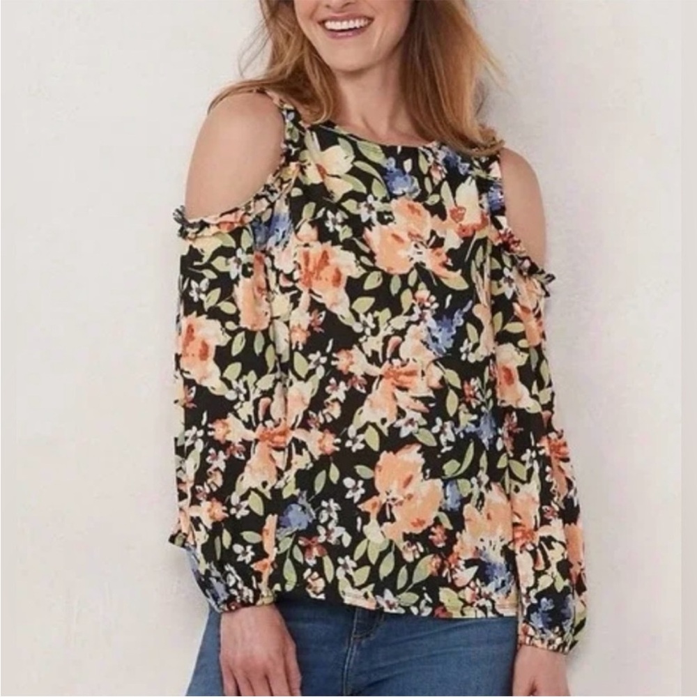 (S) LC Lauren Conrad Floral Cold Shoulder Blouse - Black and Orange